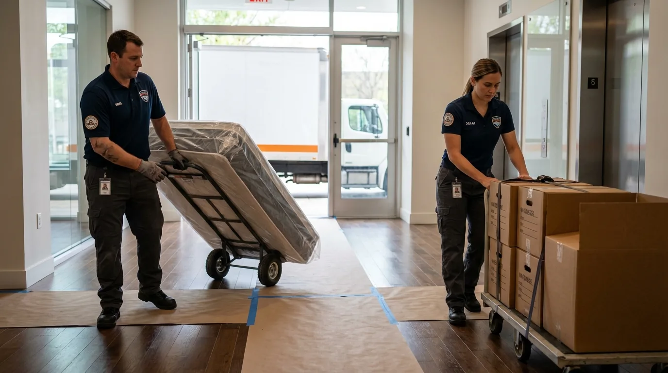 Professional apartment movers loading elevator in Slater, MO
